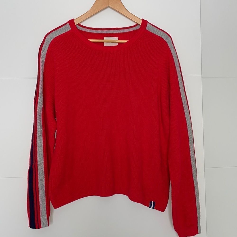 Court and Rowe Red Knit Crewneck Sweater Stripes Down the Sleeves Size Large